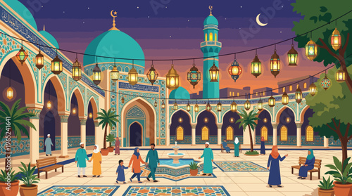 Islamic mosque courtyard architecture with arches and domes.