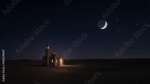 Small desert shrine glowing at night under stars.