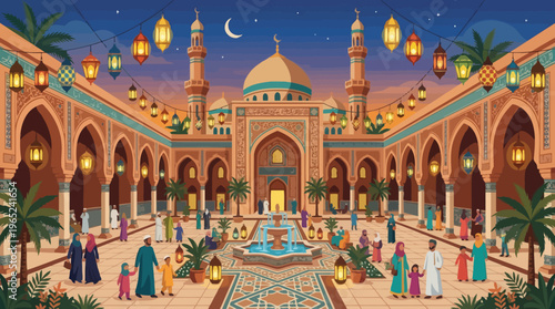 Islamic mosque courtyard with arches and fountain at night.