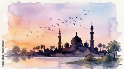 Silhouette of a mosque with domes and minarets.