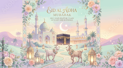 Dreamy pastel temple gateway as central subject.