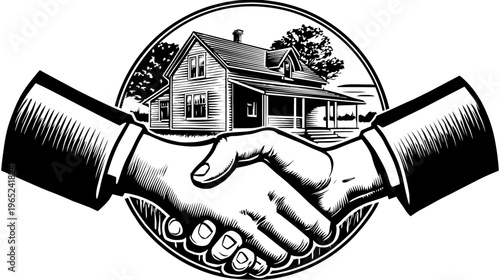 A handshake over a house with trees within a circle, black and white graphic image