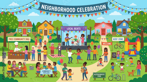 People at Neighborhood Celebration Gathering With Stage And Music.