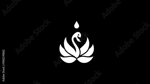 A white silhouette of a swan emerging from lotus petals, with a single drop above