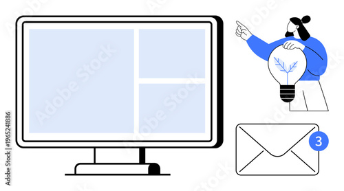 Business innovation, modern communication, productivity, email notifications, creative thinking, organization. Computer monitor, envelope with notification woman holding light bulb. Business