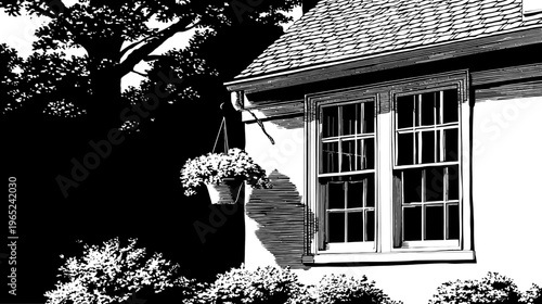 High-contrast image of a house with a window and hanging flower basket, silhouetted trees
