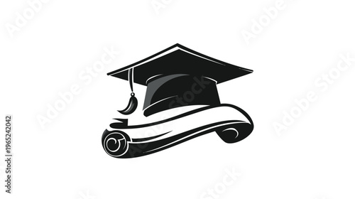 A black and white illustration shows a graduation cap with a diploma scroll, on a white background