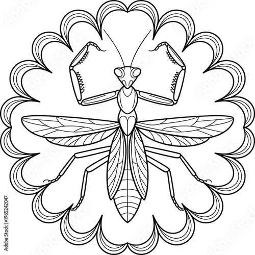 Black and white line of a praying mantis inside a decorative circular frame