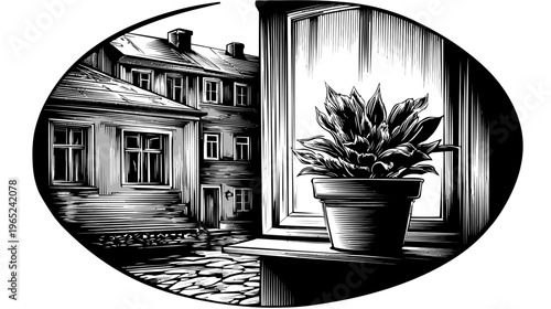 Graphic rendering of a potted plant in a window, cityscape beyond, in black and white