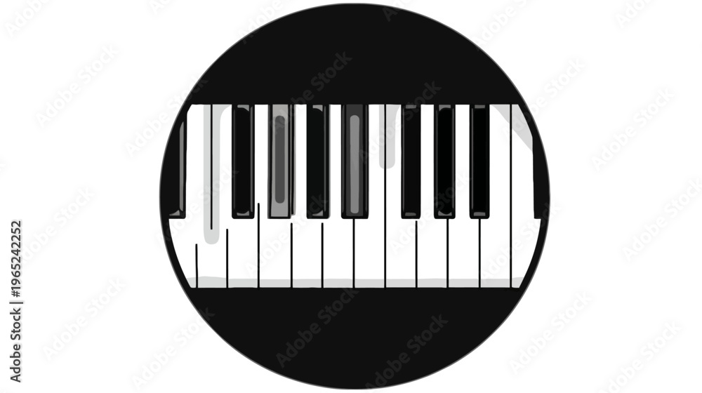 Fototapeta premium A stylized piano keyboard, black keys, white keys, enclosed in a black oval against a white background