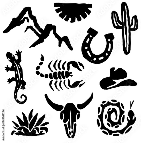 illustration icon with hot desert conditions with identical types of animals and objects.eps