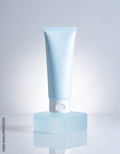 Light Blue Tube on Glass Cube Against White Gradient Background