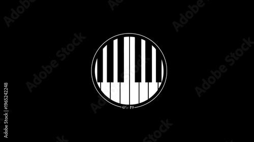 A piano keyboard silhouette enclosed by a white circle, set against a black background