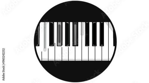 A stylized piano keyboard, black keys, white keys, enclosed in a black oval against a white background