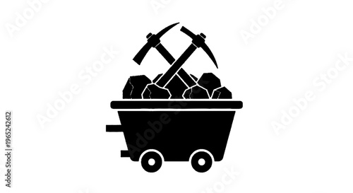 Vector illustration of mining cart with pickaxes icon on a transparent background