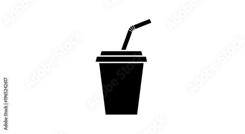 Vector illustration of black silhouette icon of a disposable coffee cup with a straw on a transparent background