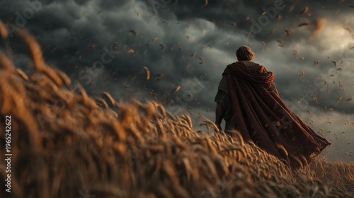 Robigalia:Dramatic cinematic portrait of Robigus,ancient Roman deity of grain rust and crop disease,depicted as a powerful ethereal male figure emerging from red-rust infected wheat fields at twilight