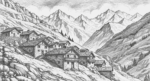 Detailed Pen and Ink Drawing of Mountain Village Houses