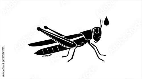A stark black and white illustration of a grasshopper poised, droplet above antenna, against a white backdrop