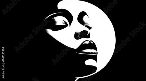 Graphic black and white illustration of a woman's face in profile, eyes closed