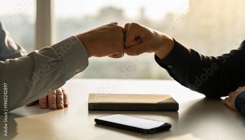 Fist bump gesture by colleagues at office table during informal meeting session
