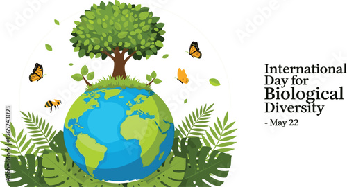 International Day for Biological Diversity May 22 concept illustration with earth tree butterflies plants and animals promoting nature conservation and biodiversity awareness