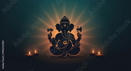 Minimalist Lord Ganesha Silhouette Poster with Diya Lights for Ganesh Chaturthi Festival Design