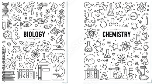 Biology and chemistry science doodle set with laboratory equipment molecules microscope plants education research hand drawn vector illustration