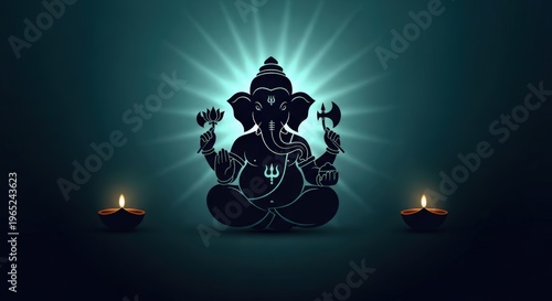 Minimalist Lord Ganesha Silhouette Poster with Diya Lights for Ganesh Chaturthi Festival Design