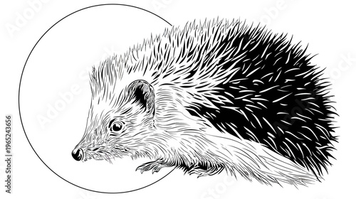 Hand-drawn, black and white hedgehog inside a circle outline