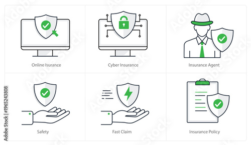 Modern insurance service icons, cyber security protection, online coverage, agent safety, fast claims policy vector line icon set