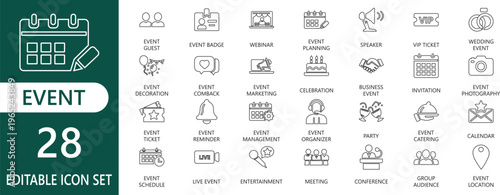 Event  editable line icon set . included   organization, microphone, conference ,  invitation, wedding,  party,  and various icon.