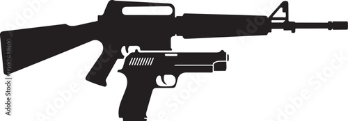 Firearm silhouettes, rifle and pistol, black icons, vector graphics, gun illustrations, weapon symbols