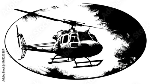 Helicopter illustration in black and white against a blurred oval background