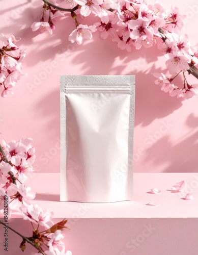 Blank White Pouch Packaging with Pink Cherry Blossoms Against Pink Background
