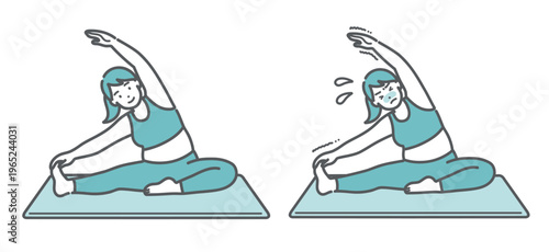 ヨガマットの上でストレッチをするぽっちゃり女性の笑顔と体が硬い表情の比較セットイラスト