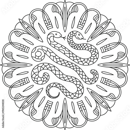 Circular mandala featuring two intertwined snakes with scaled patterns