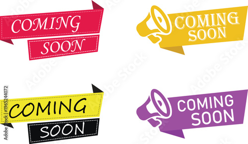 Coming soon icon set collection group modern announcement sign symbol label badge notice message update release launch reminder alert marketing promotion design flat vector.