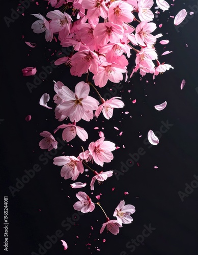 Flowering Cherry Blossom Branch with Falling Petals on Dark Background