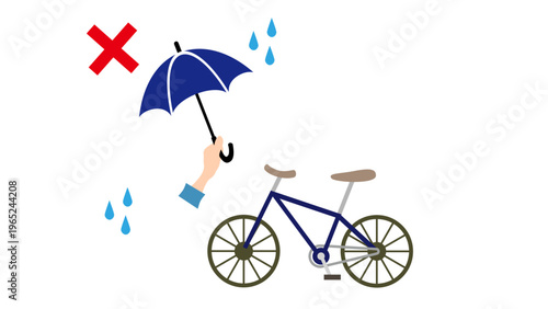 自転車の傘さし運転禁止(雨の日の危険行為を注意喚起するシンプルなイラスト)