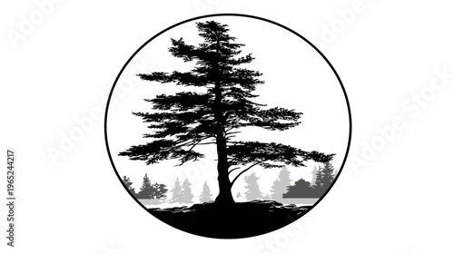 Black silhouette of a pine tree in an oval, with other trees and water behind it