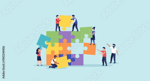 Teamwork assembling colorful puzzle pieces, collaboration and problem solving concept