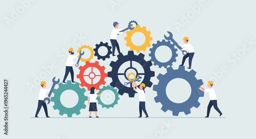 Teamwork assembling gears, business collaboration, engineering and strategy concept