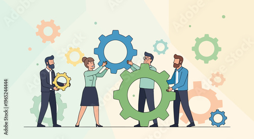 Teamwork assembling gears, business collaboration, partnership, success, strategy, connection