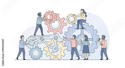 Teamwork and collaboration: people working together to build a complex mechanism with gears