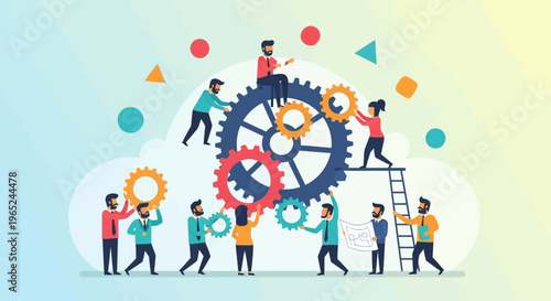 Teamwork and collaboration: people working together to build a complex mechanism