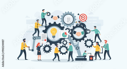 Teamwork and Collaboration: People working together to build a complex mechanism