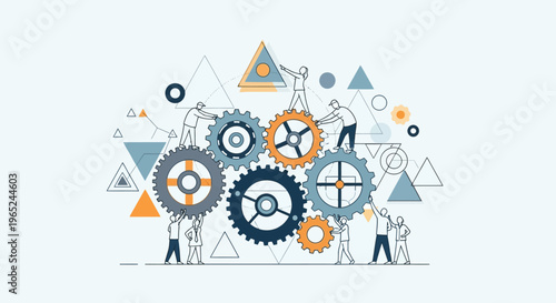 Teamwork and collaboration: people working together with gears and geometric shapes