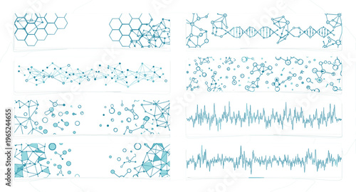 Abstract Molecular Structure and Scientific Data Wave Banners with DNA Network Connections Chemistry Molecule Patterns Technology Science Vector Background Set