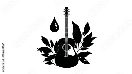 A black and white illustration of an acoustic guitar, surrounded by leaves and a water droplet
